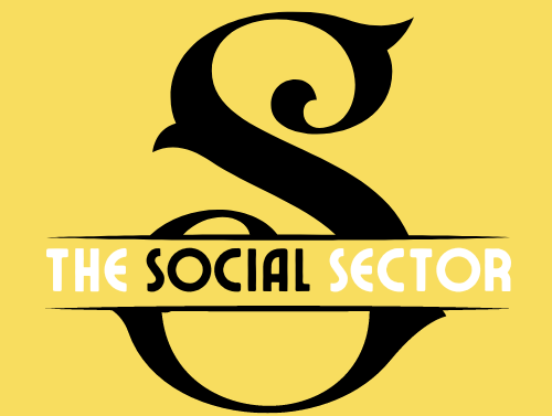 The Social Sector Club logo. The words The Social Sector in white on top a Black stylised S and ayellow background